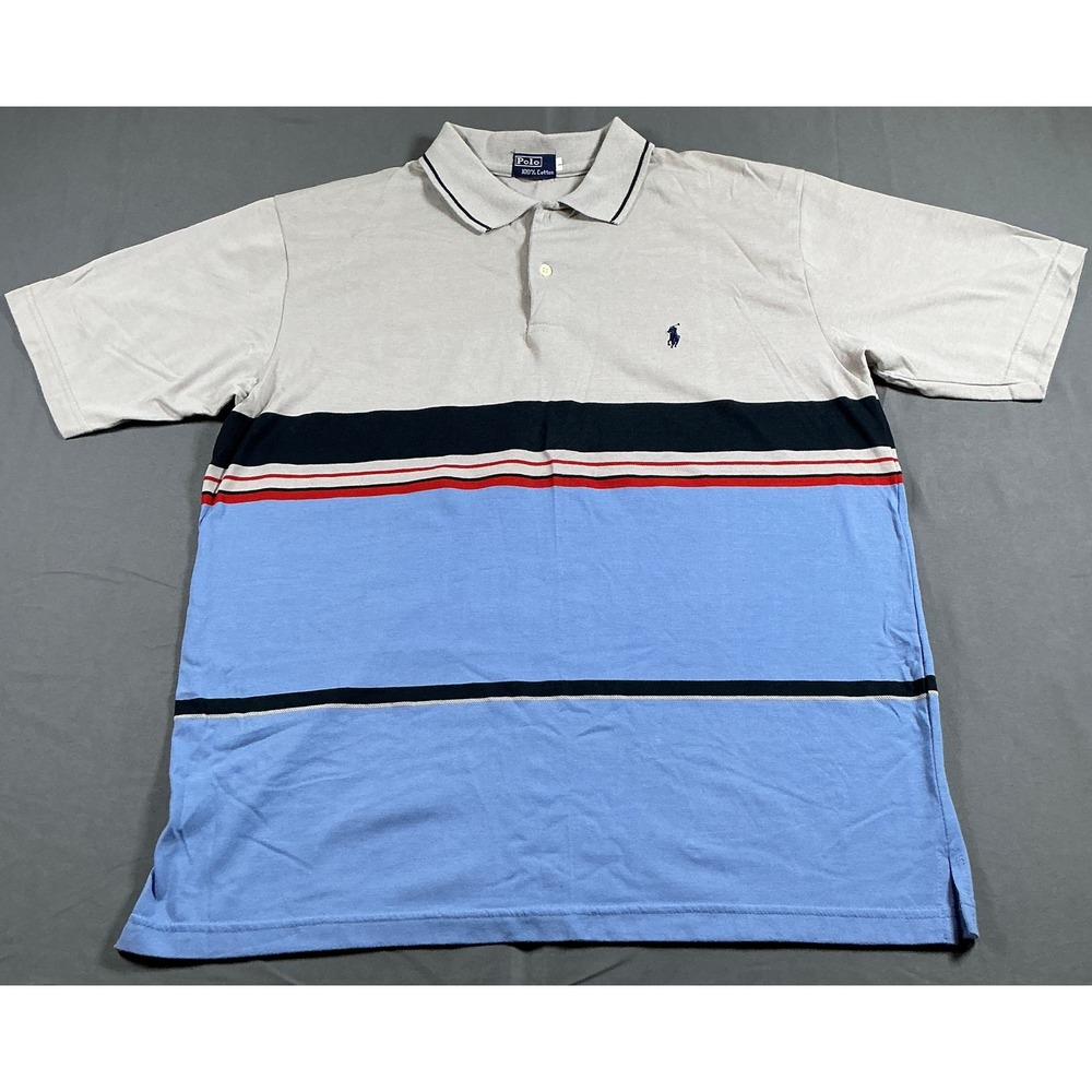 Polo Ralph Lauren Mens Large Grey Blue Striped Short Sleeve Cotton Polo Shirt